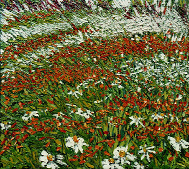 Bertrand Tremblay, huile sur toile, épervières orangées et marguerites © Bertrand Tremblay, 2000