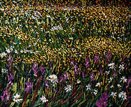 Bertrand Tremblay, huile sur toile, champ de fleurs avec &eacute;pilobes et marguerites &copy; Bertrand Tremblay,  2000
