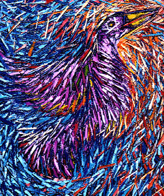 Bertrand Tremblay, huile sur toile repr&eacute;sentant un oiseau ludique &copy; Bertrand Tremblay,  2000